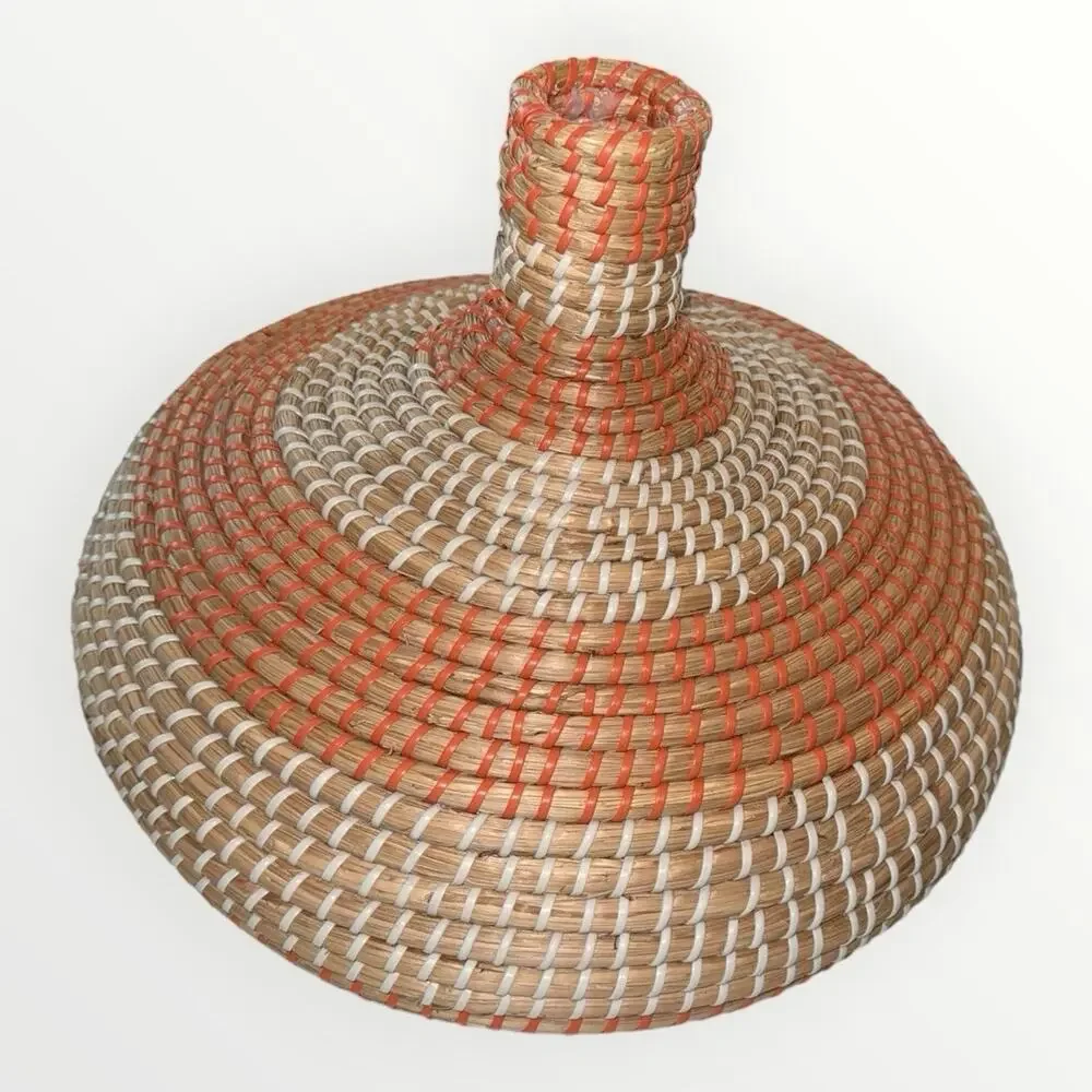 Round Wicker Decorative Basket Vase Boho Beige/Orange 16in Freestanding